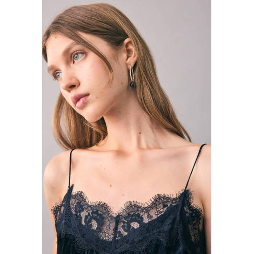 MANGO TEEN fluwelen spaghettitop marineblauw Meisjes Fluweel V-hals Effen - maat 152(XXS) afbeelding
