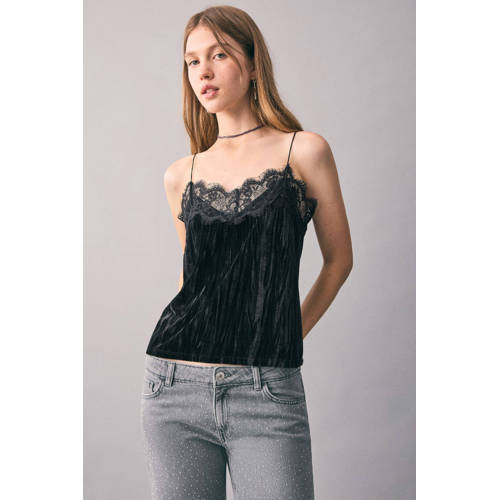 MANGO TEEN fluwelen spaghettitop zwart Meisjes Fluweel V-hals Effen - maat 164(S) afbeelding