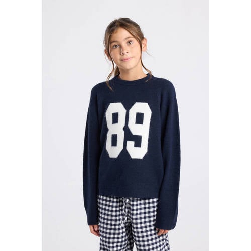 America Today gebreide trui donkerblauw Meisjes Polyester Ronde hals Printopdruk - maat 122/128 afbeelding