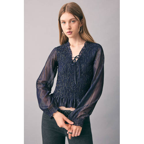 MANGO TEEN blousetop marineblauw met lurex Meisjes Polyester V-hals Effen - maat 164(S) afbeelding