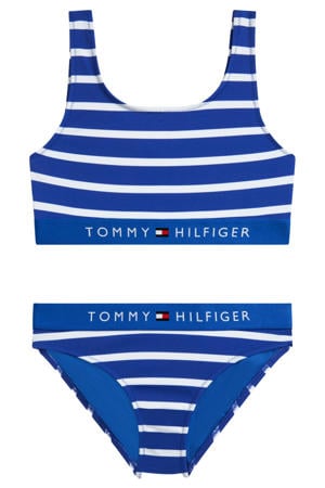gestreepte crop bikini met logo blauw/wit