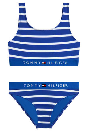 gestreepte crop bikini met logo blauw/wit
