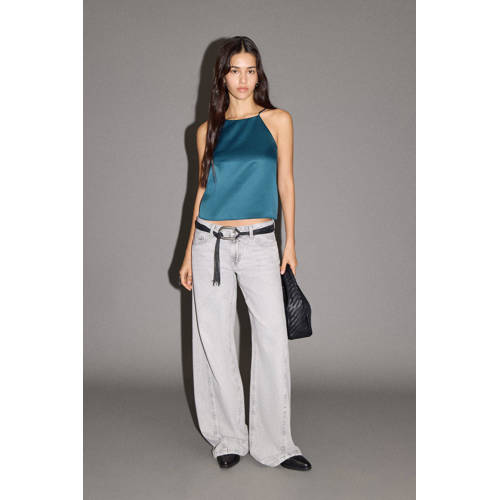 MANGO TEEN satijnen haltertop blauw Effen - maat 176(XL) afbeelding