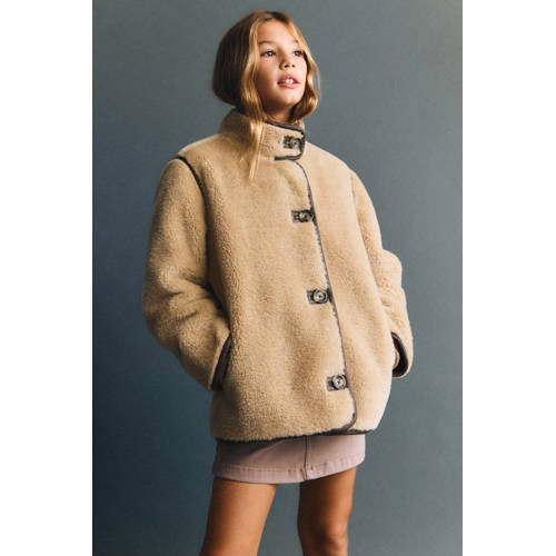Mango Kids faux fur jas beige Meisjes Imitatiebont Opstaande kraag Effen - maat 164 afbeelding