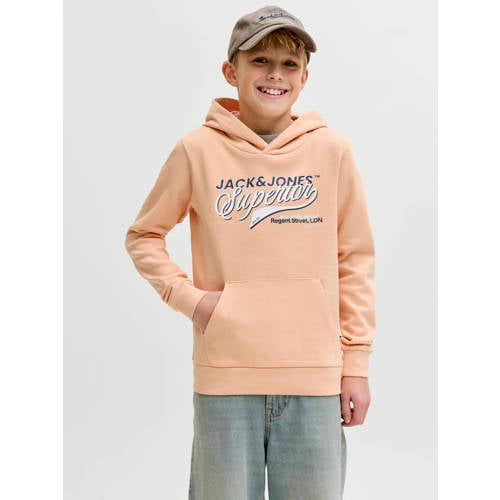 JACK & JONES JUNIOR hoodie beige Sweater Jongens Katoen Capuchon Logo - maat 164 afbeelding