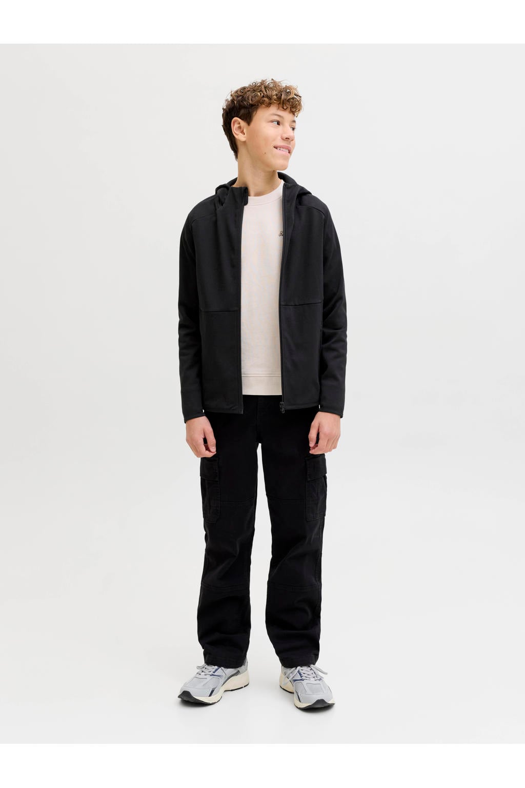 Zwarte jongens JACK & JONES JUNIOR sweatvest van polyester met effen, lange mouwen, capuchon en ritssluiting