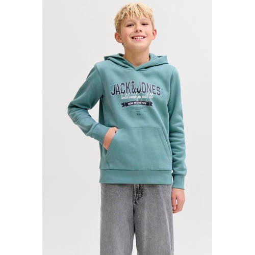 JACK & JONES JUNIOR hoodie lichtgroen Sweater Jongens Katoen Capuchon Logo - maat 140 afbeelding