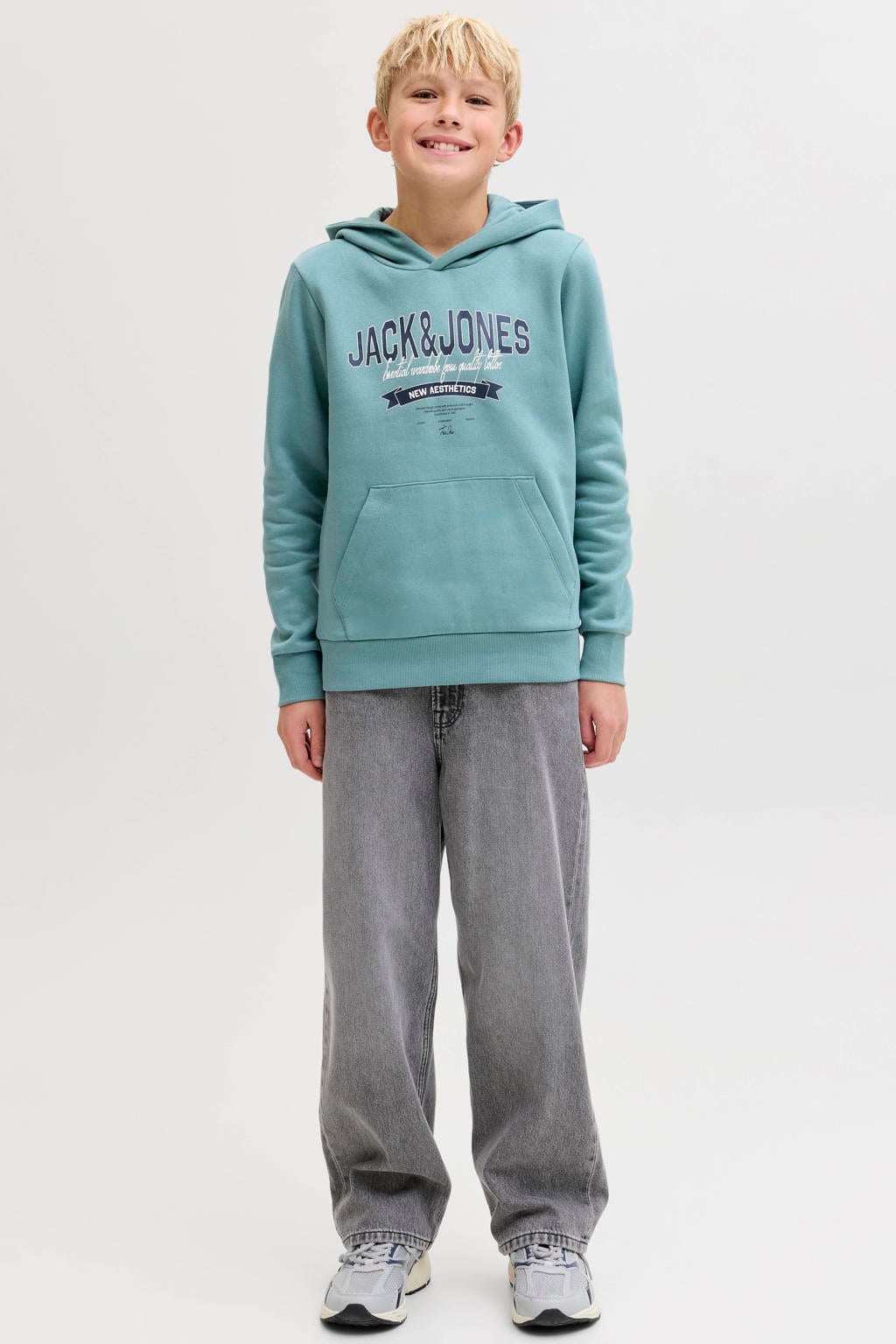 Lichtgroene jongens JACK & JONES JUNIOR hoodie van katoen met logo dessin, lange mouwen en capuchon