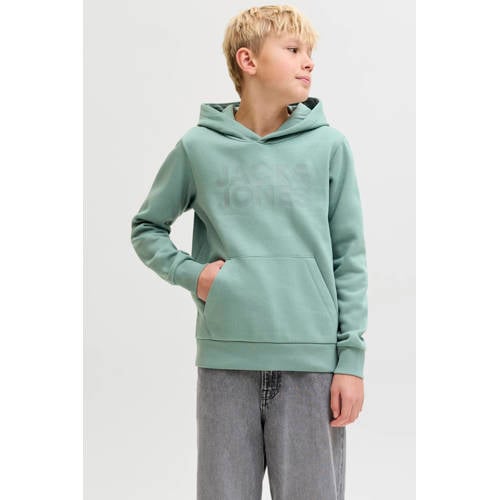 JACK & JONES JUNIOR hoodie lichtgroen Sweater Jongens Katoen Capuchon Logo - maat 164 afbeelding