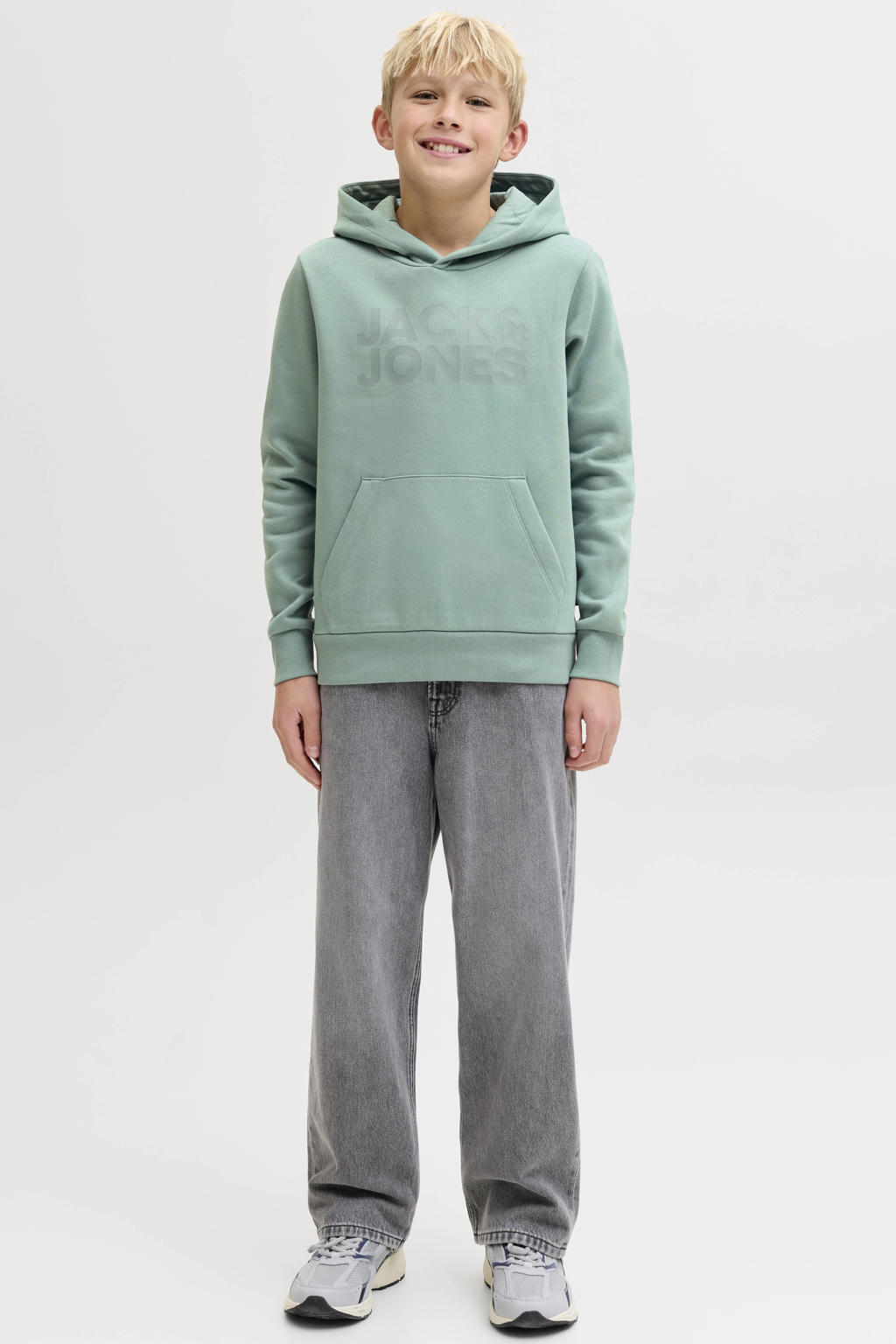 Lichtgroene jongens JACK & JONES JUNIOR hoodie van sweat materiaal met logo dessin, lange mouwen en capuchon