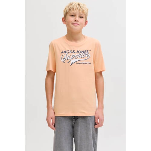 JACK & JONES JUNIOR T-shirt oranje Beige Jongens Katoen Ronde hals Printopdruk - maat 128 afbeelding