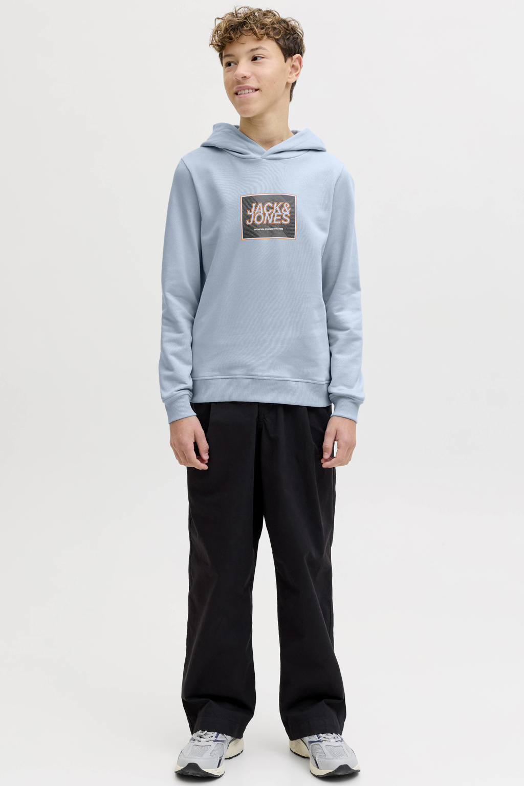 Lichtblauwe jongens JACK & JONES JUNIOR hoodie van katoen met printopdruk, lange mouwen en capuchon