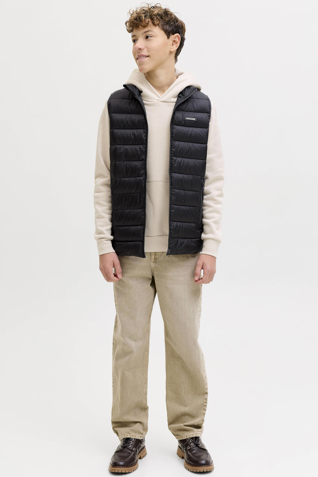 Beige jongens JACK & JONES JUNIOR hoodie van katoen met backprint, lange mouwen en capuchon