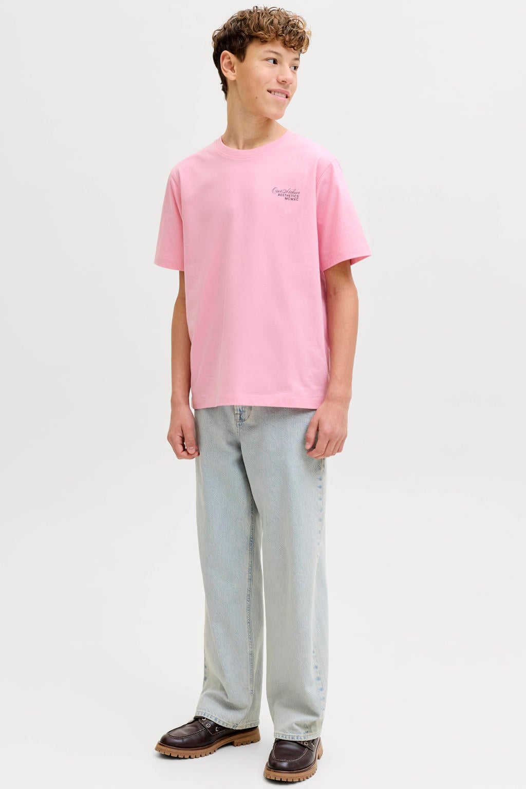 Roze jongens JACK & JONES JUNIOR T-shirt van katoen met backprint, korte mouwen en ronde hals