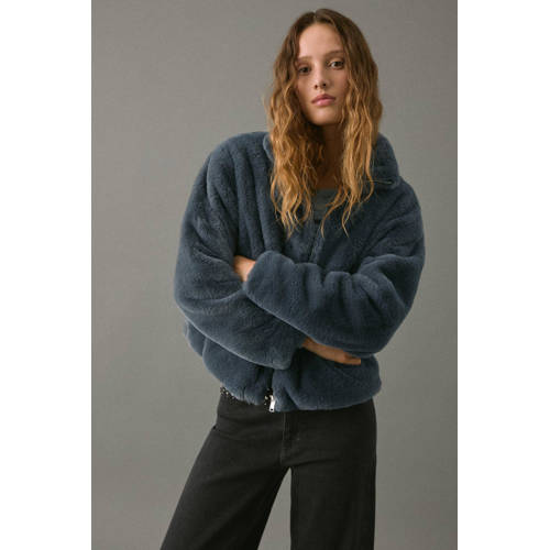 MANGO TEEN faux fur jas herfst winter grijs Meisjes Imitatiebont Col Effen - maat 168(M) afbeelding