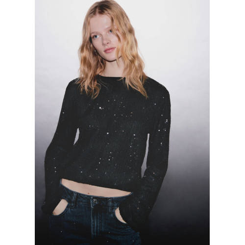 MANGO TEEN blouse zwart met pailletten Meisjes Polyester Ronde hals Effen - maat 168(M) afbeelding