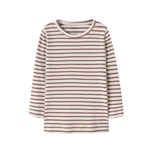NAME IT MINI gestreepte longsleeve bruin/ecru Jongens Stretchkatoen Ronde hals - maat 86 afbeelding