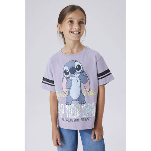NAME IT KIDS T-shirt paars Meisjes Stretchkatoen Ronde hals Printopdruk - maat 122/128 afbeelding