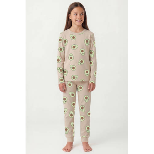 NAME IT KIDS pyjama met all over print beige/groen Meisjes Stretchkatoen Ronde hals - maat 122/128 afbeelding
