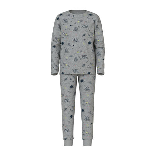 NAME IT KIDS pyjama met all over print grijs melange Jongens Stretchkatoen Ronde hals
