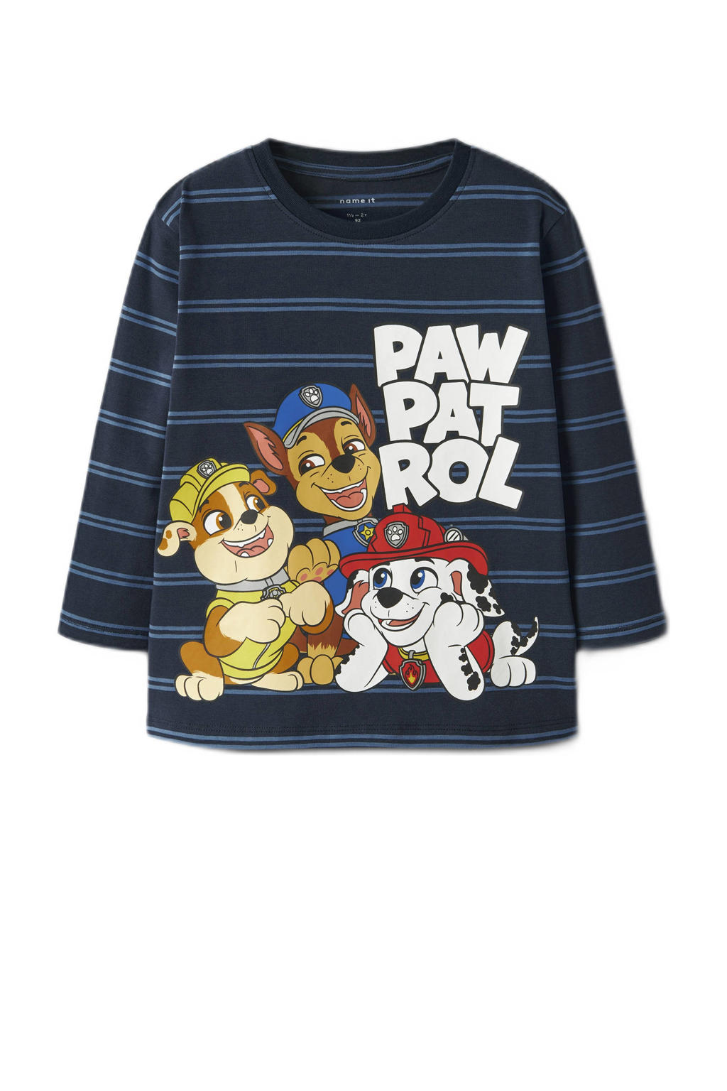 Donkerblauwe jongens NAME IT MINI Paw Patrol longsleeve gebreid van stretchkatoen met printopdruk, lange mouwen en ronde hals