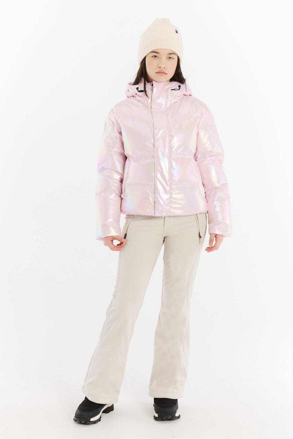 Lichtroze meisjes Protest ski-jas PRTRena van polyester met meerkleurige print, capuchon, ritssluiting en glimmend detail