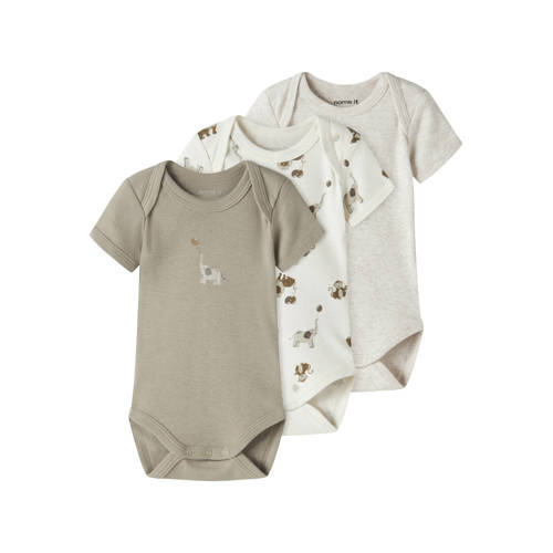 NAME IT BABY romper - set van 3 groen/wit/grijs Multi Jongens/Meisjes Katoen Ronde hals - maat 80 afbeelding