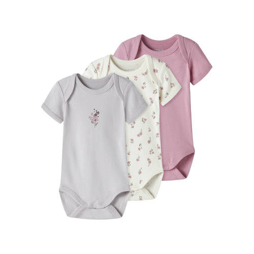 NAME IT BABY romper - set van 3 lila/ecru/roze Multi Meisjes Katoen Ronde hals - maat 56 afbeelding