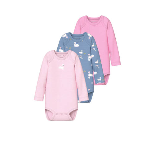 NAME IT BABY romper - set van 3 lichtroze/blauw/roze Multi Meisjes Katoen Ronde hals - maat 56 afbeelding