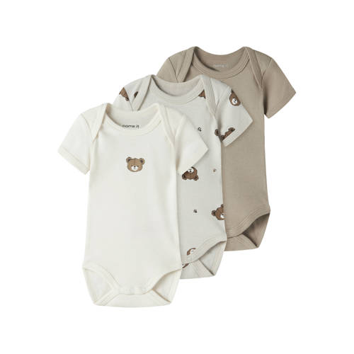 NAME IT BABY romper - set van 3 ecru/grijs/groen Multi Jongens/Meisjes Katoen Ronde hals - maat 98 afbeelding