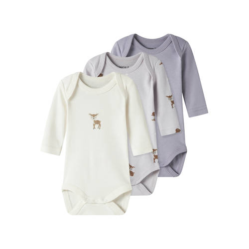 NAME IT BABY romper - set van 3 ecru/paars/lichtpaars Multi Meisjes Katoen Ronde hals - maat 98 afbeelding