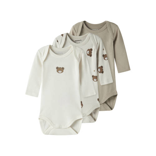 NAME IT BABY romper - set van 3 ecru/grijs/groen Multi Jongens/Meisjes Katoen Ronde hals - maat 56 afbeelding