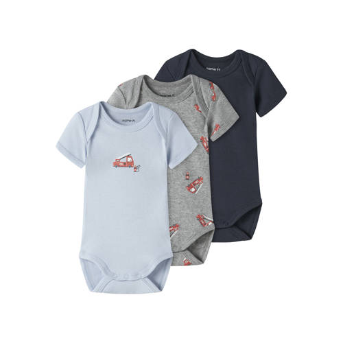 NAME IT BABY romper - set van 3 blauw/grijs/donkerblauw Multi Jongens Katoen Ronde hals - maat 50 afbeelding