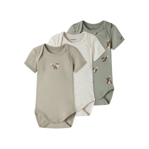 NAME IT BABY romper - set van 3 bruin/groen/grijs Multi Jongens Katoen Ronde hals - maat 86 afbeelding