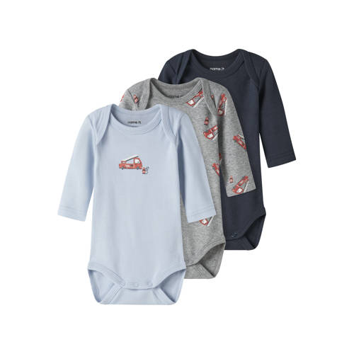 NAME IT BABY romper - set van 3 blauw/grijs/donkerblauw Multi Jongens Katoen Ronde hals - maat 80 afbeelding