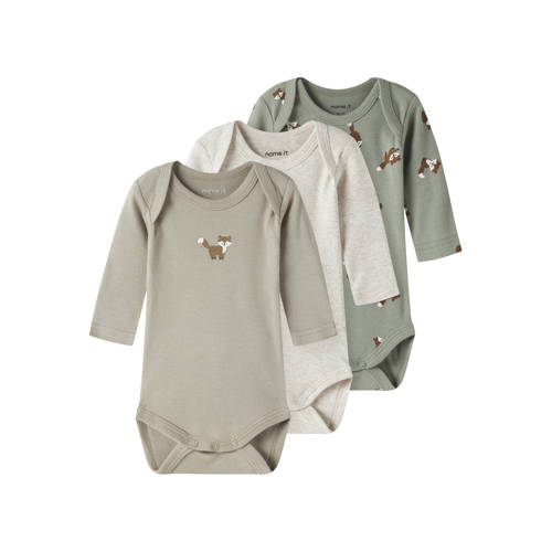 NAME IT BABY romper - set van 3 bruin/groen/grijs Multi Jongens Katoen Ronde hals - maat 86 afbeelding