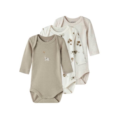 NAME IT BABY romper - set van 3 groen/wit/grijs Multi Jongens/Meisjes Katoen Ronde hals - maat 56 afbeelding