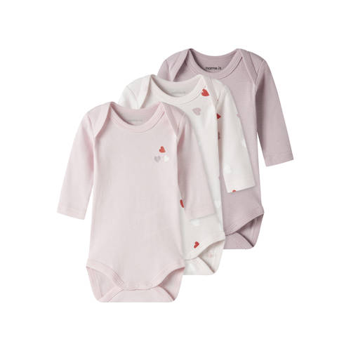 NAME IT BABY romper - set van 3 lichtroze/ecru/lila Multi Meisjes Katoen Ronde hals - maat 62 afbeelding