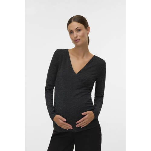 MAMALICIOUS zwangerschaps top zwart met glitter Dames Polyester V-hals - maat S afbeelding