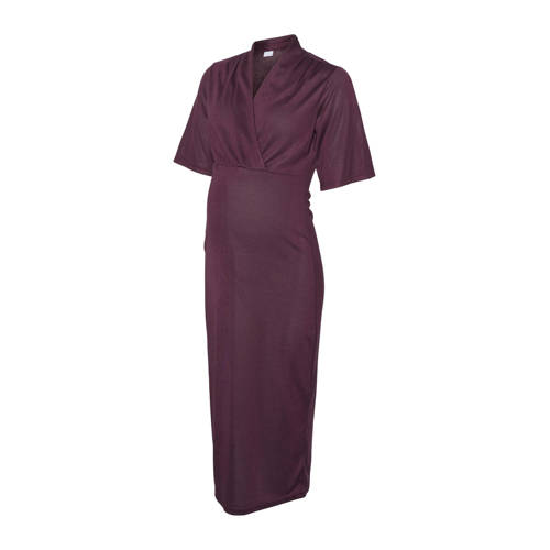 MAMALICIOUS zwangerschaps maxi jurk donkerpaars Dames Viscose V-hals Effen - maat L afbeelding