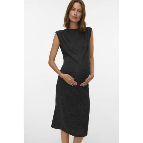 MAMALICIOUS zwangerschaps midi jurk met glitter zwart Dames Polyester Opstaande kraag - maat L afbeelding