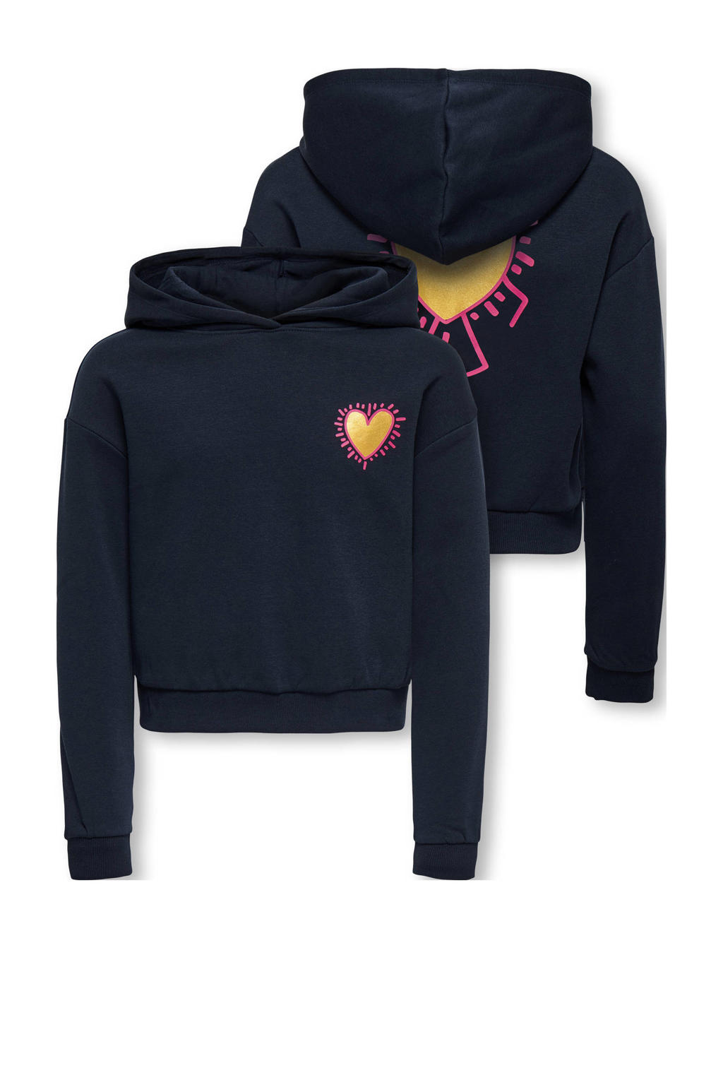 Donkerblauwe meisjes KIDS ONLY GIRL hoodie van katoen met backprint, lange mouwen en capuchon