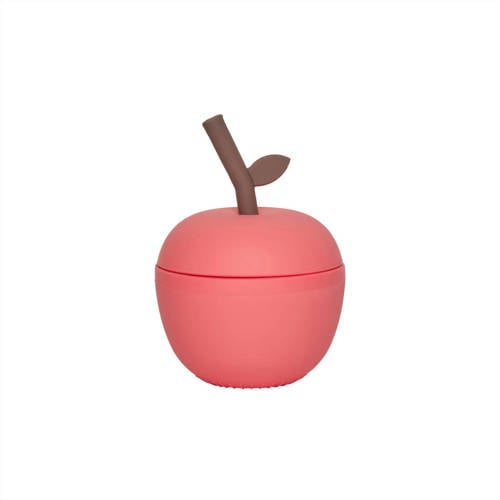 OYOY Mini drinkbeker met rietje Appel (120 ml) Rood afbeelding