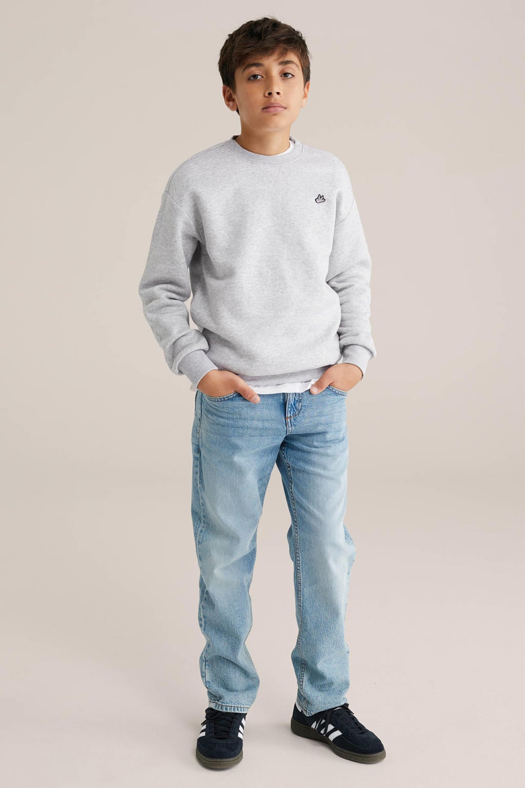 Grijs melange jongens WE Fashion sweater melange met effen, lange mouwen, ronde hals en geribde boorden