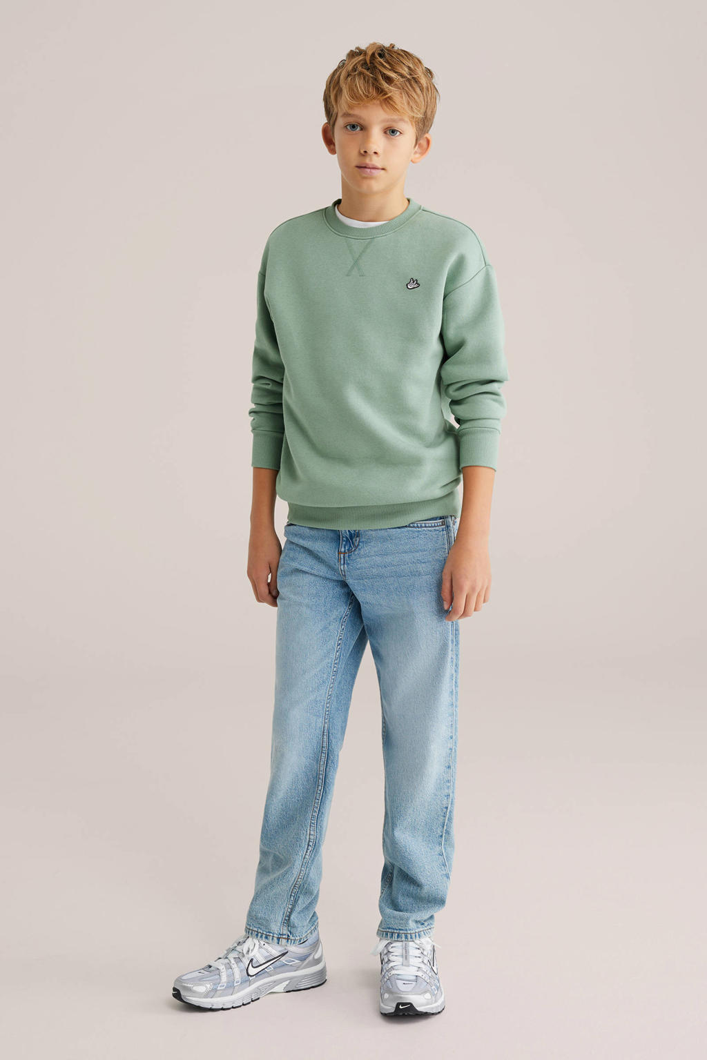 Mintgroene jongens WE Fashion sweater met effen, lange mouwen, ronde hals en geribde boorden