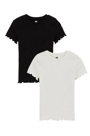 T-shirt - rib gebreid wit/zwart (set van 2)