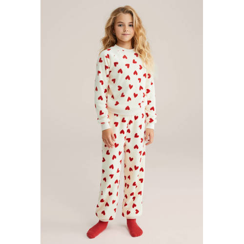 WE Fashion pyjama met hartjes print ecru/rood Meisjes Polyester Ronde hals