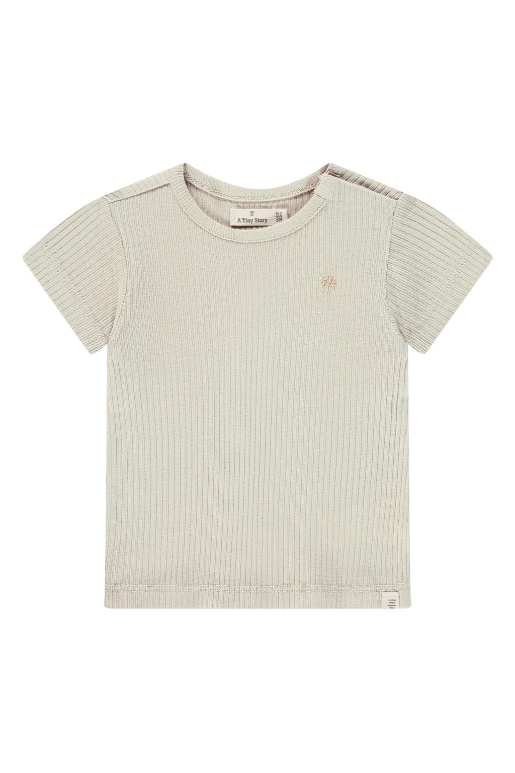 Beige jongens A Tiny Story T-shirt rib gebreid van katoen met effen, korte mouwen, ronde hals, drukknoopsluiting en borduursels