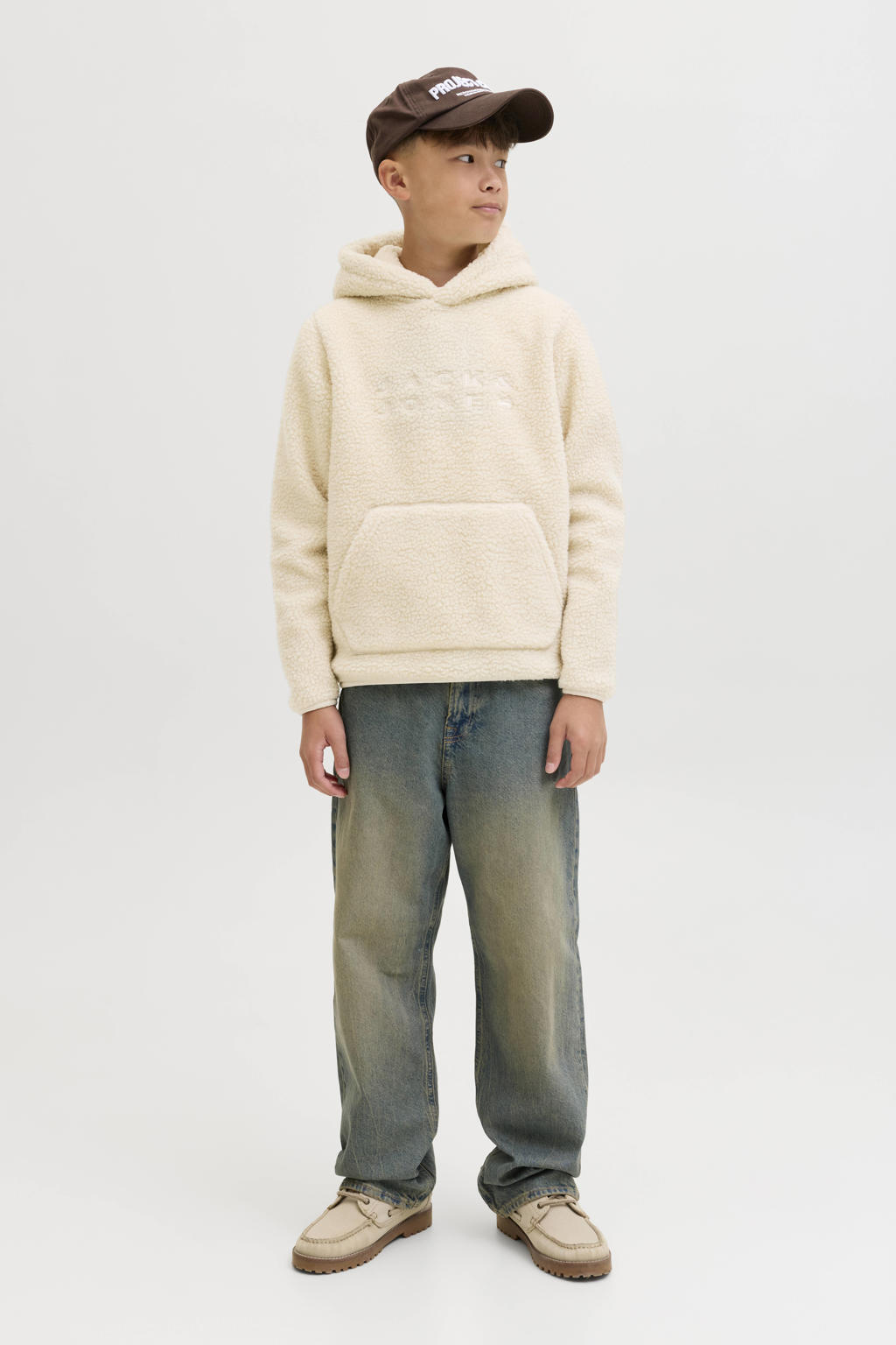 Beige jongens JACK & JONES JUNIOR teddy hoodie met tekst print, lange mouwen en capuchon