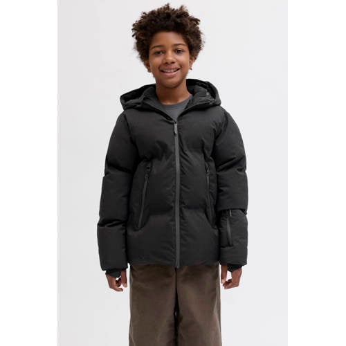 JACK & JONES JUNIOR gewatteerde jas zwart Jongens Polyester Capuchon Effen - maat 152 afbeelding